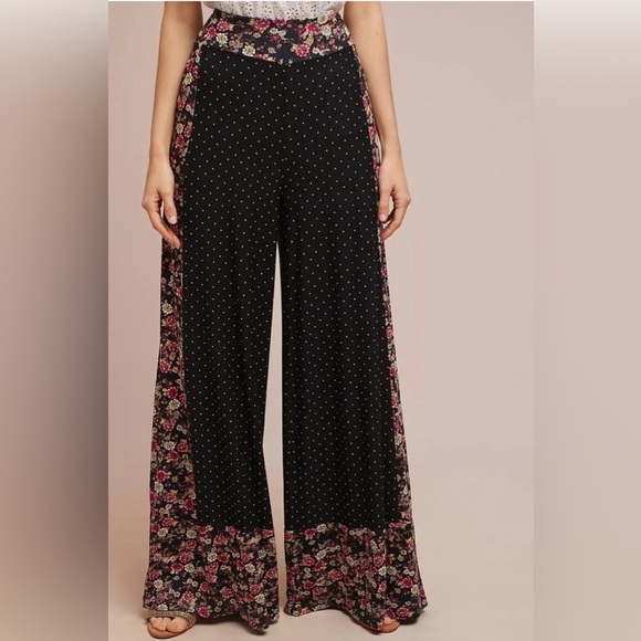 Anthropologie Farm Rio Black and Pink Floral Wide Leg Pants Size L - Picture 1 of 5